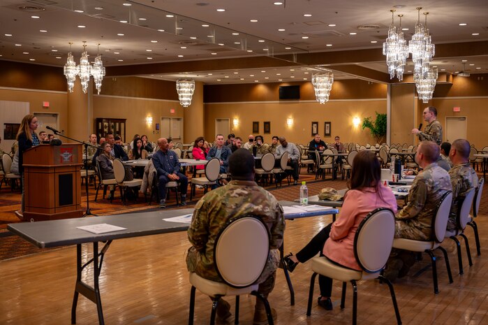 U.S. Air Force Master Sgt. Matthew Hawk, 35th Logistic Readiness Squadron Travel Management Office superintendent, responds to questions about housing during a town hall.