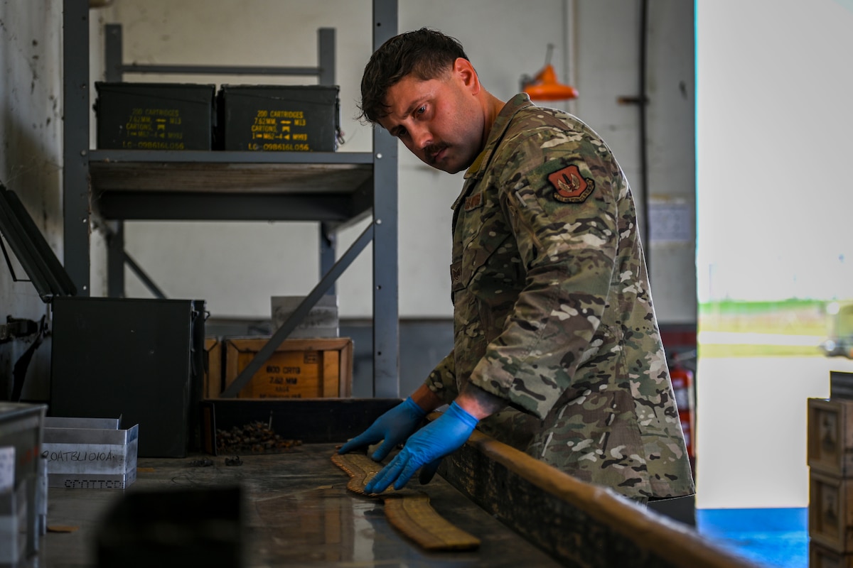 U.S. Air Force Staff Sgt. David Tanger, a munitions inspector assigned to the 39th Maintenance Squadron, inspects ammunition at Incirlik Air Base, Türkiye, April 17, 2025. The 39th Maintenance Squadron Munitions flight ensures combat readiness by assembling, maintaining, and supplying munitions to support base operations. (U.S. Air Force photo by Senior Airman Haiden Morris)