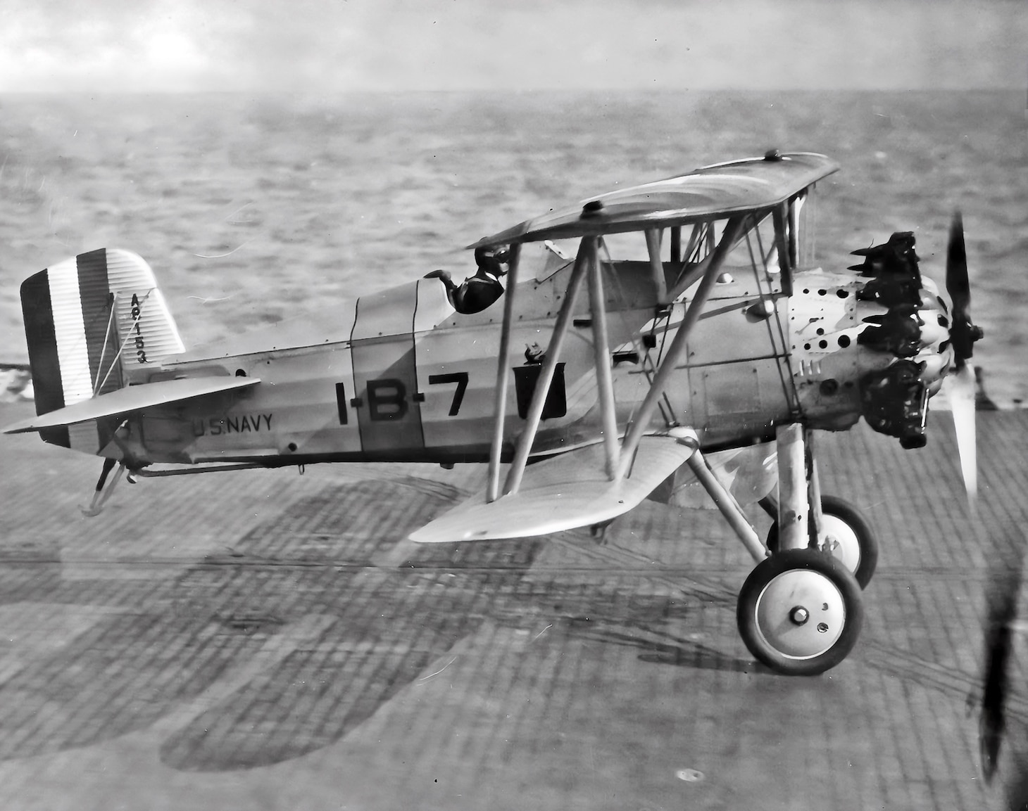 An F4B-1, BuNo A-8153, begins its takeoff run down the flight deck of the USS Lexington (CV 2), which was sunk at the Battle of the Coral Sea in May 1942.