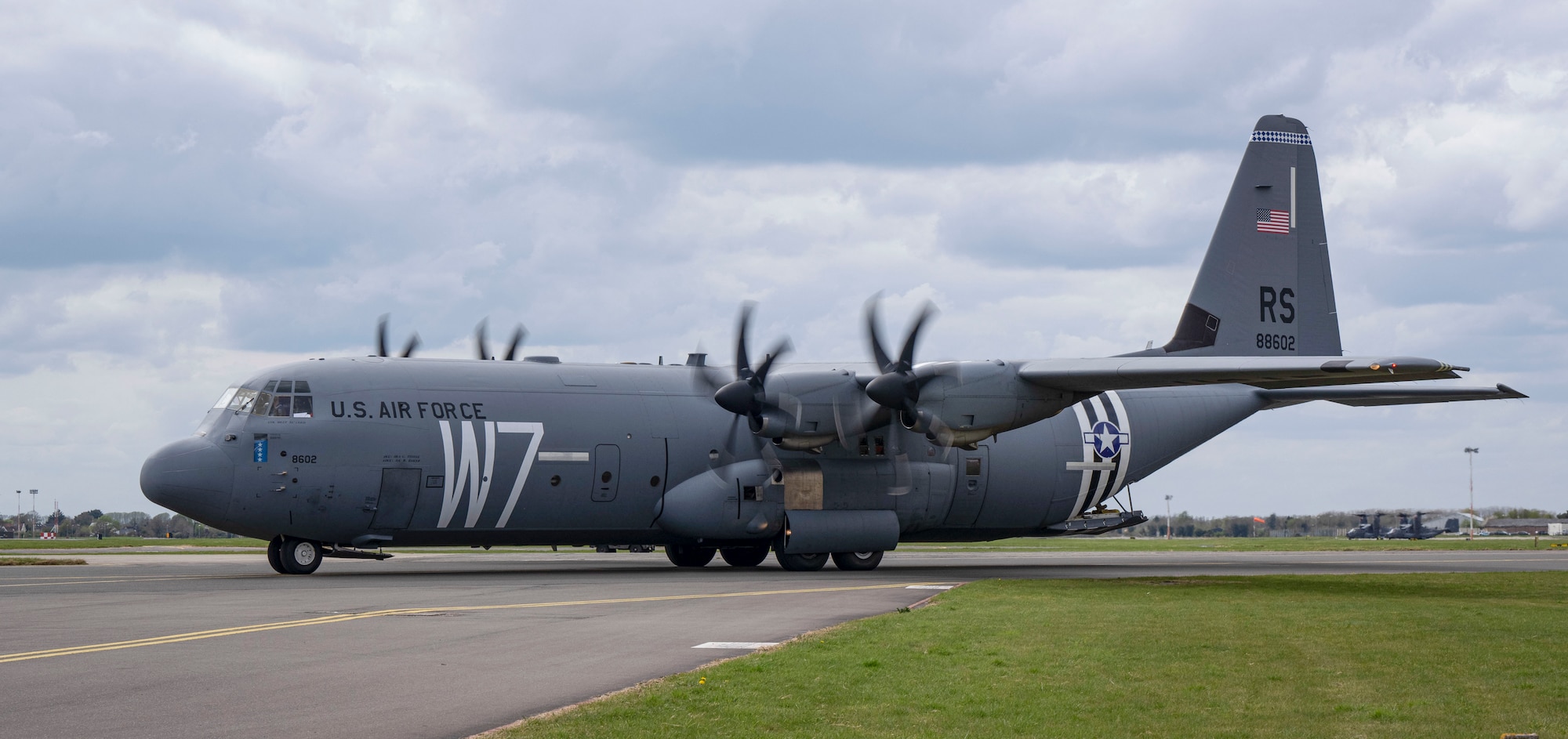 A U.S. Air Force C-130J Super Hercules assigned to the 37th Airlift Squadron, Ramstein Air Base, Germany, taxis at RAF Mildenhall, England, April 14, 2025.