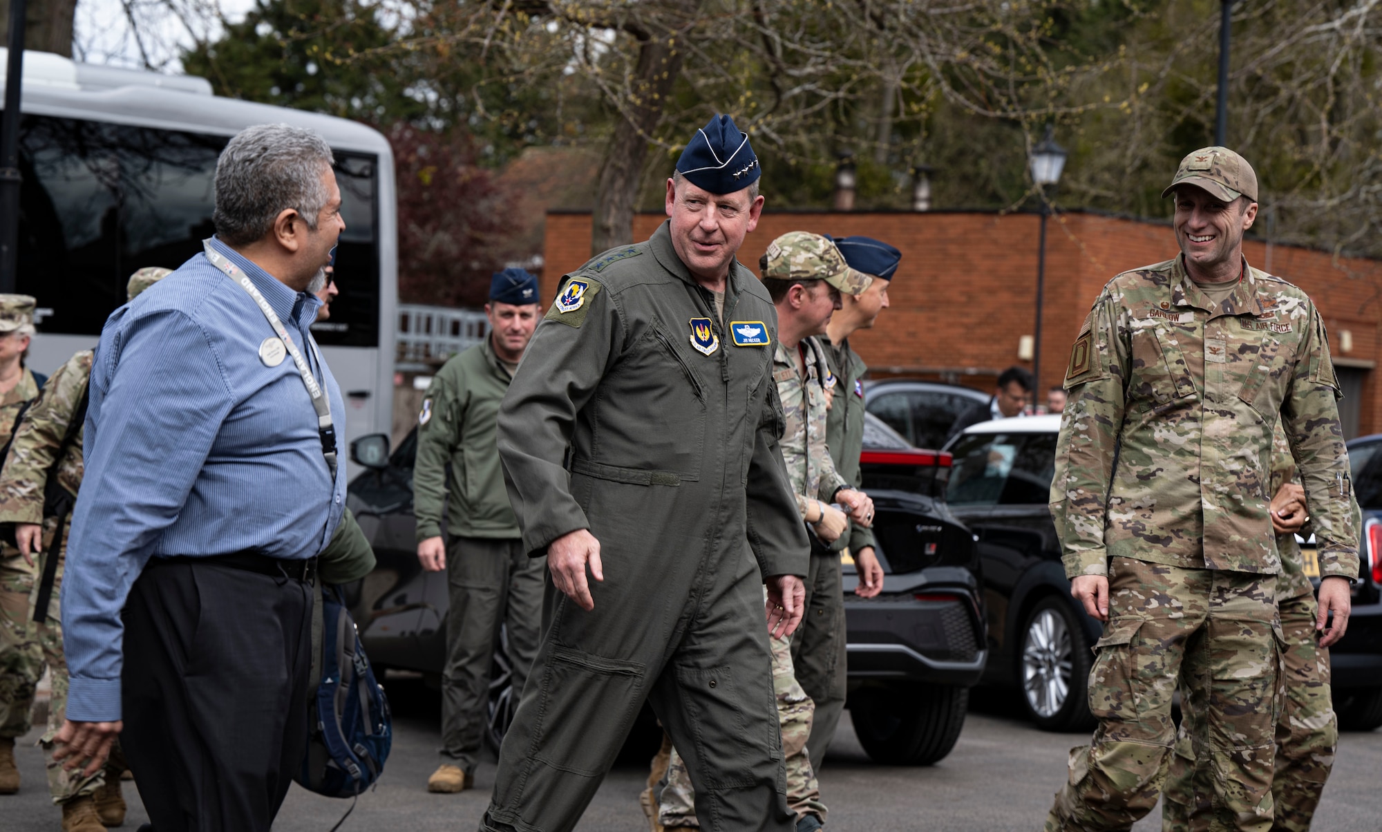 U.S. Air Force Gen. James Hecker, center, U.S. Air Forces in Europe - Air Forces Africa commander, arrives at the Gateway Inn at RAF Mildenhall, England, April 14, 2025.