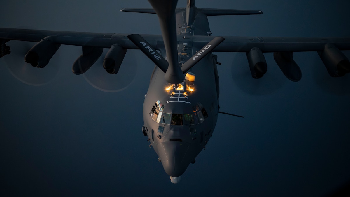 A U.S. Air Force AC-130J Ghostrider prepares to refuel over the U.S. Central Command area of responsibility, April 8, 2025. Designed for close air support, air interdiction and armed reconnaissance, the AC-130J provides CENTCOM forces an expeditionary, direct-fire platform with 30mm and 105mm cannons. (U.S. Air Force photo by Senior Airman Natalie Jones)