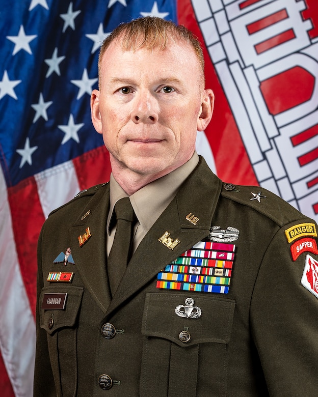 Photo of US Army Brigadier General William C. Hannan Jr. He is in official US Army Uniform with a medal rack and one-star rank on his shoulders. He has a brown shirt and dark brown tie which matches the color of his coat. Sleeve insigna includes Army Ranger, Army Sapper, and Army Engineer. Behind him is a US Flag and the Engineer Regimental Flag