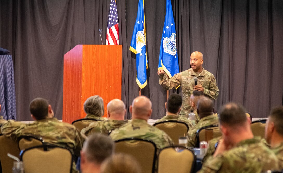 Chief Master Sgt. Israel Nuñez, Senior Enlisted Advisor to the Chief of Air Force Reserve, speaks to Reservists at the Air Force Office of Special Investigations Combined Training Assembly in Leesburg, Virginia, April 12, 2025. Nuñez addressed the group of nearly 300 attendees, highlighting the Reserve enlisted force’s role in bridging operational gaps and supporting the Air Force’s total-force future needs. (U.S. Air Force photo by Capt. Justin Clark)