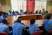 U.S. Air Force Maj. Alisha Young, a critical care air transport team physician with the 433rd Aeromedical Staging Squadron, gives a brief overview of tactical combat casualty care to Guyanese emergency medical technicians and firefighters during hands-on training at the Guyana Fire Service Headquarters in Georgetown, Guyana, April 9, 2025.