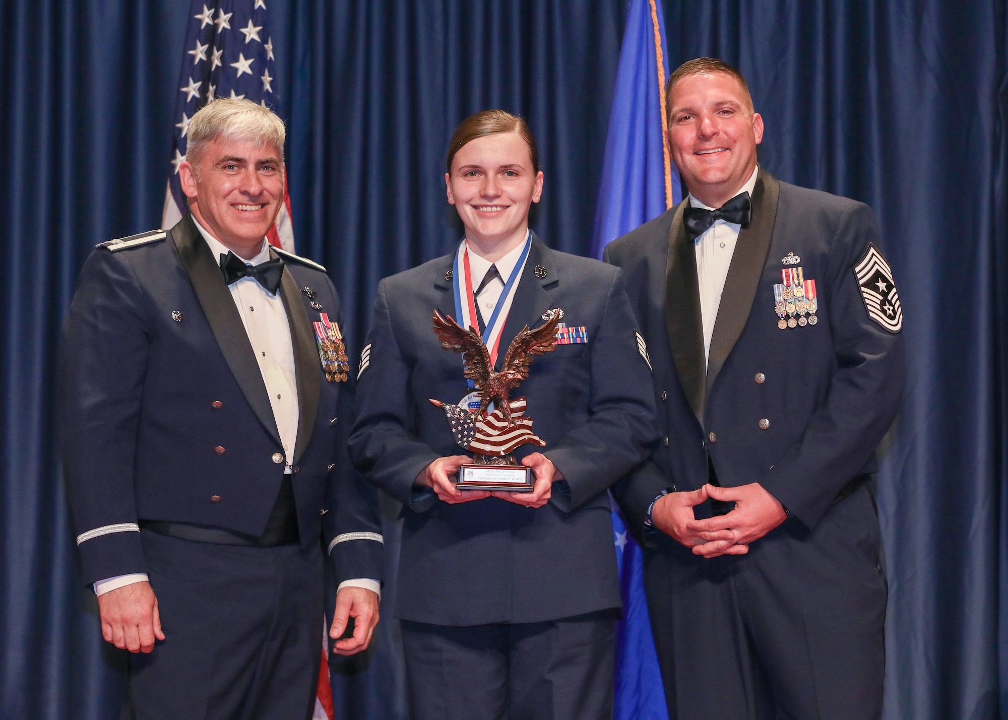 Staff Sgt. Kayla Cornett, 87th Aerial Port Squadron, won the 2024 NCO of the Year award. Members and families of the 445th Airlift Wing, and local community leaders gathered at the National Museum of the U.S. Air Force April 5, 2025 to recognize the wing’s 2024 annual award nominees and winners.