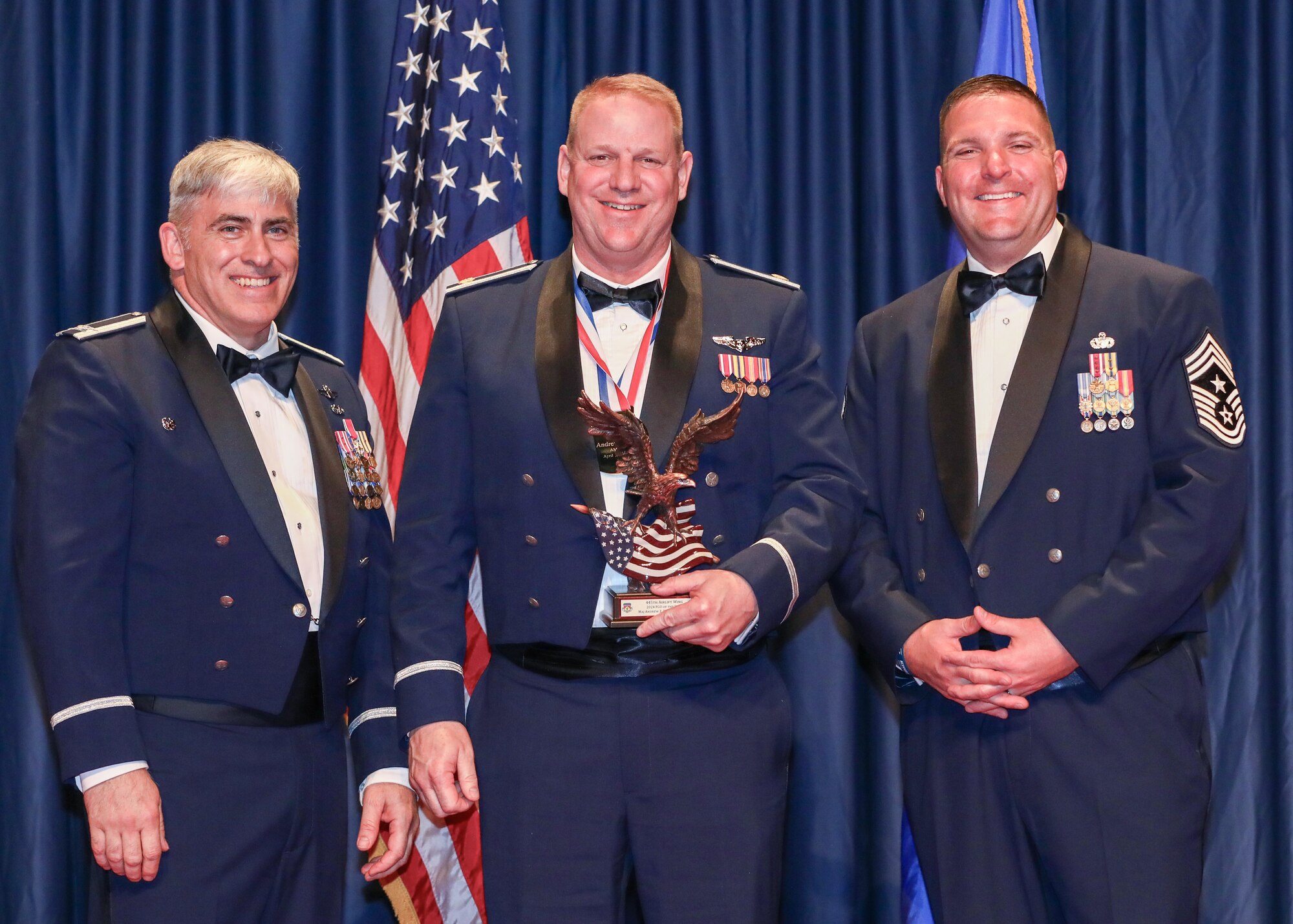 Maj. Andrew Place, 445th Aerospace Medicine Squadron, won the 2024 Field Grade Officer of the Year award. Members and families of the 445th Airlift Wing, and local community leaders gathered at the National Museum of the U.S. Air Force April 5, 2025 to recognize the wing’s 2024 annual award nominees and winners.
