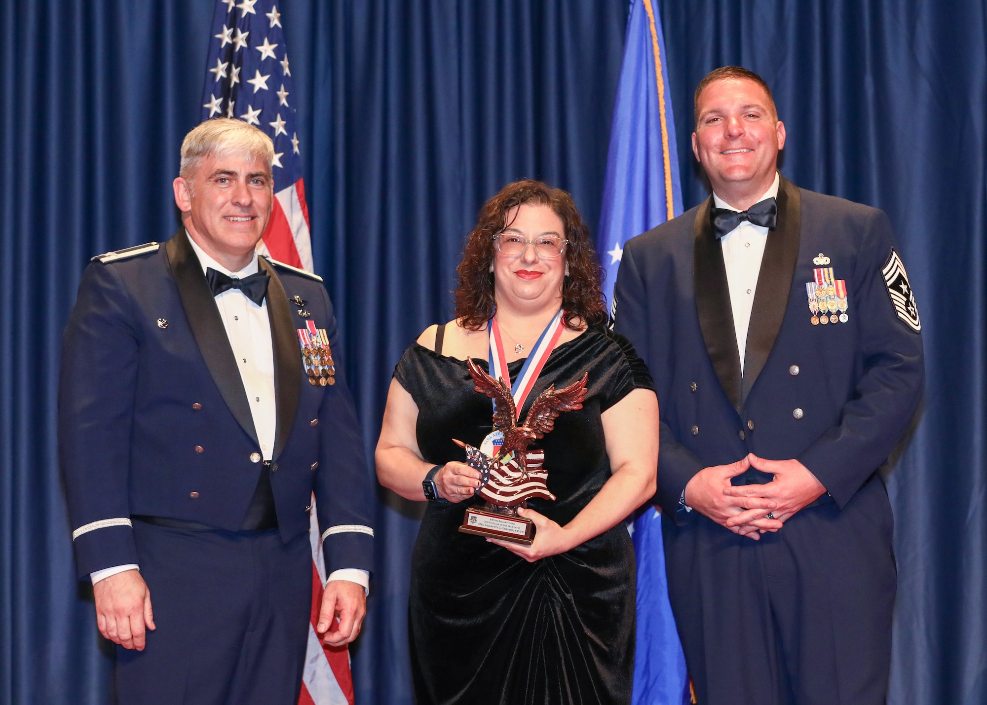 Mrs. Anjanette Hairston, 445th Force Support Squadron, won the 2024 Civilian of the Year, CAT II. Members and families of the 445th Airlift Wing, and local community leaders gathered at the National Museum of the U.S. Air Force April 5, 2025 to recognize the wing’s 2024 annual award nominees and winners.