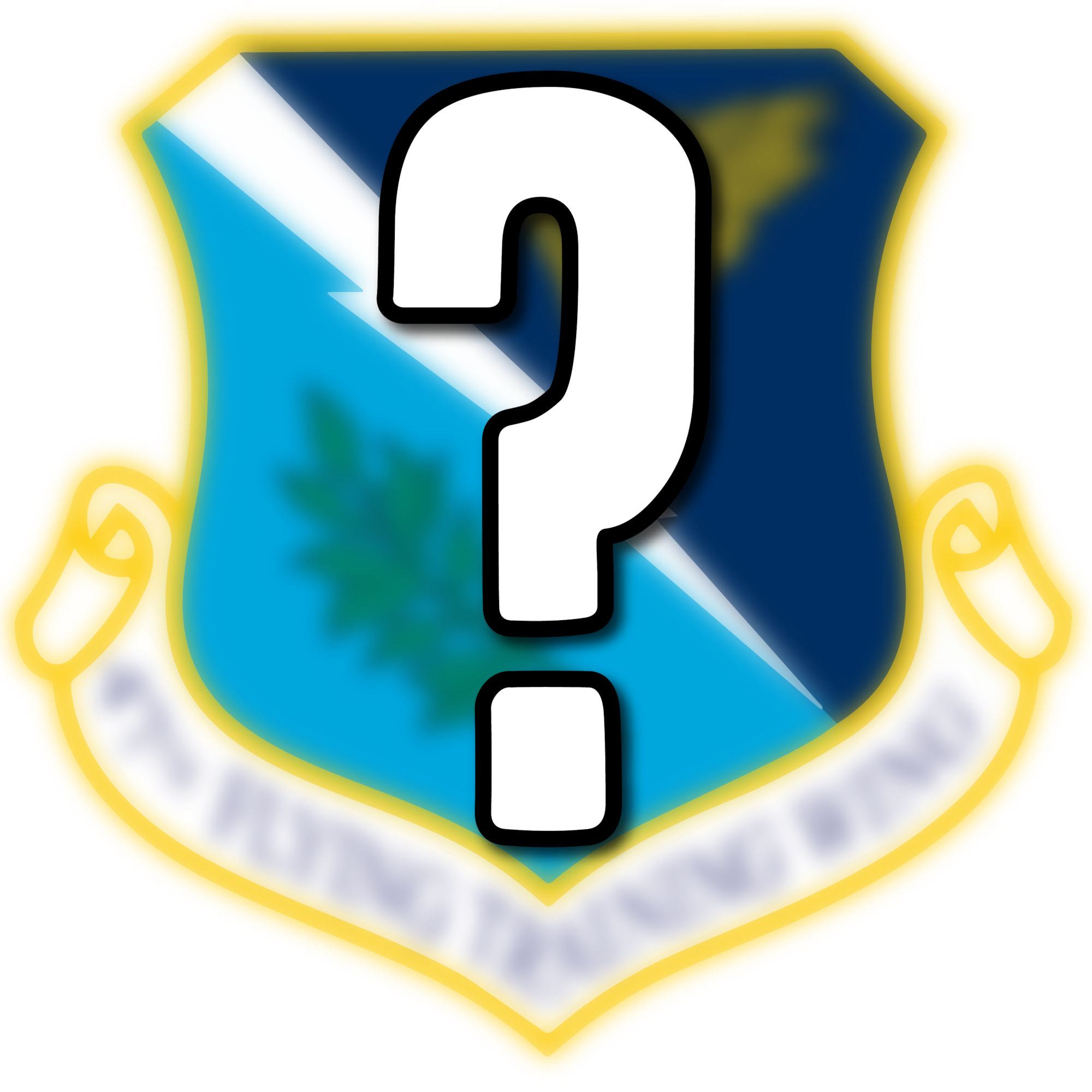 A U.S. Air Force graphic created in Adobe Illustrator depicting the 47th Flying Training Wing emblem, Gaussian blurred, with a large question mark overlaid in the center created April 16, 2025. The design was created to symbolize an upcoming reveal of the new wing morale patch. (U.S. Air Force graphic by Senior Airman Keira Rossman)