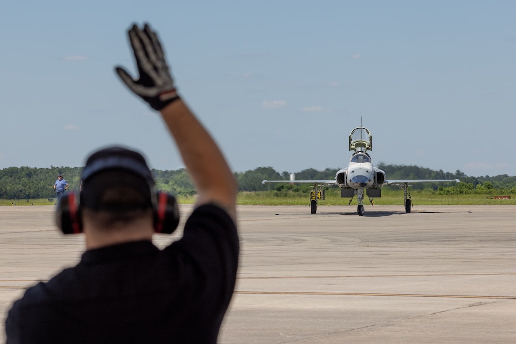 A U.S. Marine Corps F-5N Tiger II with Marine Fighter Training Squadron (VMFT) 402, Marine Aircraft Group 41, 4th Marine Aircraft Wing, arrives at Marine Corps Air Station Beaufort, South Carolina, May 30, 2024. VMFT-402 will be the Marine Corps’ second adversary squadron and will officially be redesignated in Sept. (U.S. Marine Corps photo by Lance Cpl. Kyle Baskin)