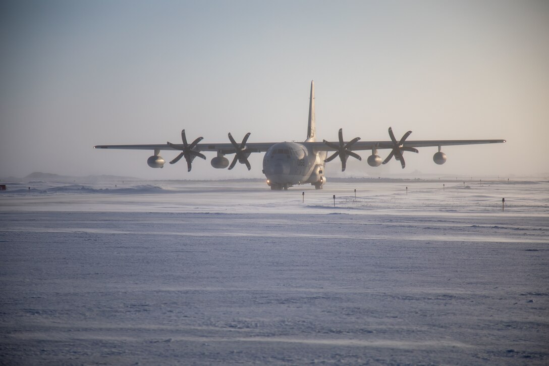 A KC-130J Hercules assigned to Marine Aerial Refueler Squadron (VMGR) 234, Marine Aircraft Group 41, 4th Marine Aircraft Wing, taxis in Kotzebue, Alaska, Feb. 27, 2024. The aircraft is transporting a detachment of 19th Special Forces Group (Airborne) Green Berets from Texas as part of Arctic Edge 24 (AE24). Special Operations Command North deployed more than 400 joint and allied Special Operations Forces across the pan-Arctic region, stretching from Alaska to Greenland, during AE24 to advance SOF capabilities and readiness in extreme cold weather and high latitude environments. (U.S. Army photo by Staff Sgt. Brian Darling)