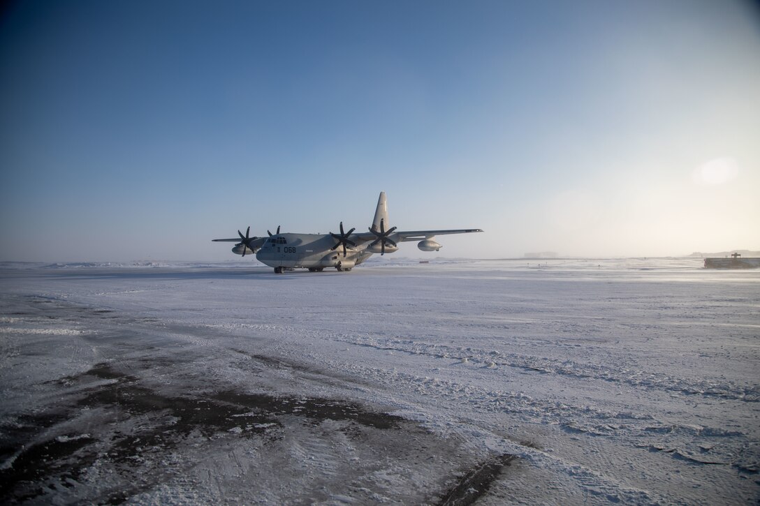A KC-130J Hercules assigned to Marine Aerial Refueler Squadron (VMGR) 234, Marine Aircraft Group 41, 4th Marine Aircraft Wing, taxis in Kotzebue, Alaska, Feb. 27, 2024. The aircraft is transporting a detachment of 19th Special Forces Group (Airborne) Green Berets from Texas as part of Arctic Edge 24 (AE24). Special Operations Command North deployed more than 400 joint and allied Special Operations Forces across the pan-Arctic region, stretching from Alaska to Greenland, during AE24 to advance SOF capabilities and readiness in extreme cold weather and high latitude environments. (U.S. Army photo by Staff Sgt. Brian Darling)