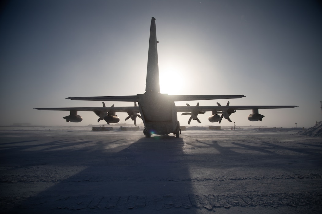 A KC-130J Hercules assigned to Marine Aerial Refueler Squadron (VMGR) 234, Marine Aircraft Group 41, 4th Marine Aircraft Wing, taxis in Kotzebue, Alaska, Feb. 27, 2024. The aircraft is transporting a detachment of 19th Special Forces Group (Airborne) Green Berets from Texas as part of Arctic Edge 24 (AE24). Special Operations Command North deployed more than 400 joint and allied Special Operations Forces across the pan-Arctic region, stretching from Alaska to Greenland, during AE24 to advance SOF capabilities and readiness in extreme cold weather and  high latitude environments. (U.S. Army photo by Staff Sgt. Brian Darling)