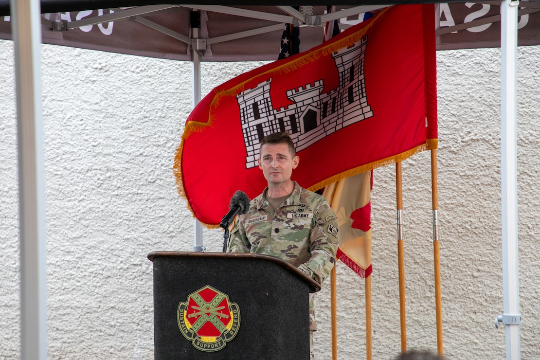 Lt. Col. Adrian Biggerstaff, District Commander for the U.S. Army Corps of Engineers Honolulu District, speaks during a blessing ceremony to commemorate a new water tank on Schofield Barracks, Hawaii, April 17, 2025. The new concrete tank replaces the old decommissioned steel tank that was out of service for extended period of time, will support the needs of 35,000 soldiers and their families.