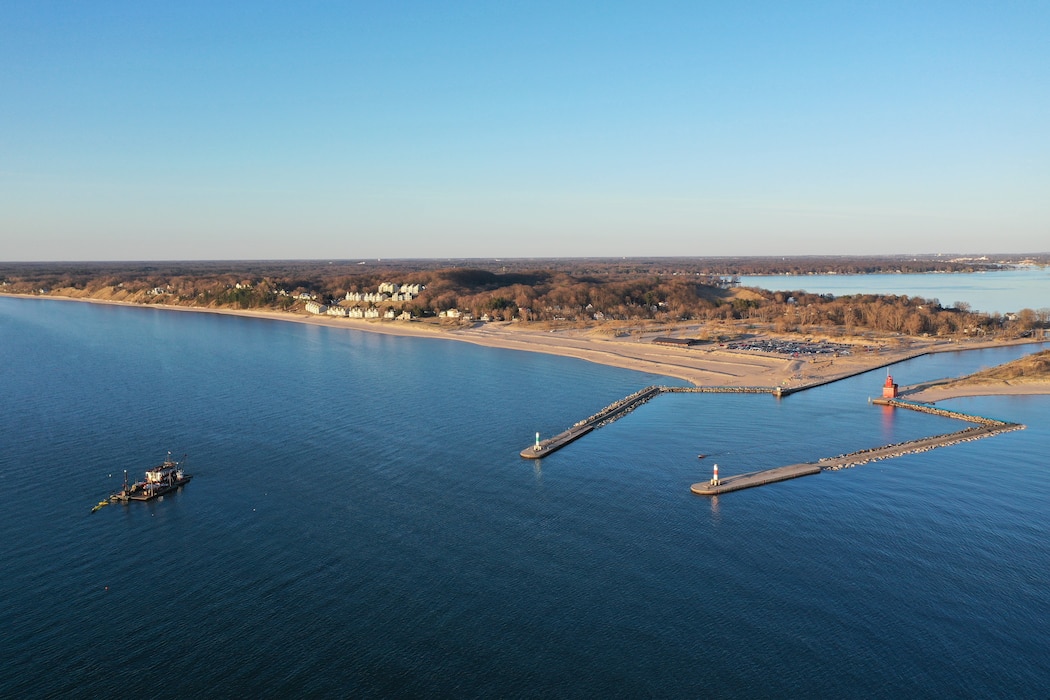 The entrance to Holland Harbor looking north during dredging operations on April 15, 2024. (U.S. Army Corps of Engineers file photo.)