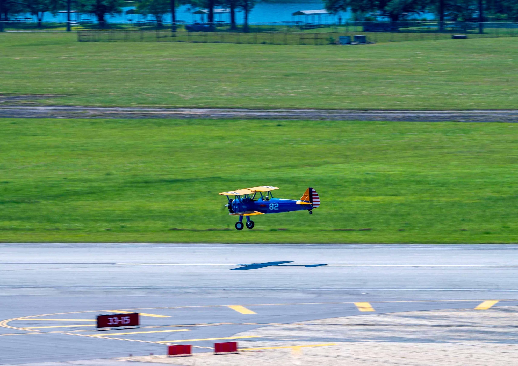 A Commemorative Air Force PT-17 Stearman approaches Maxwell Air Force Base, Alabama, April 17, 2025.