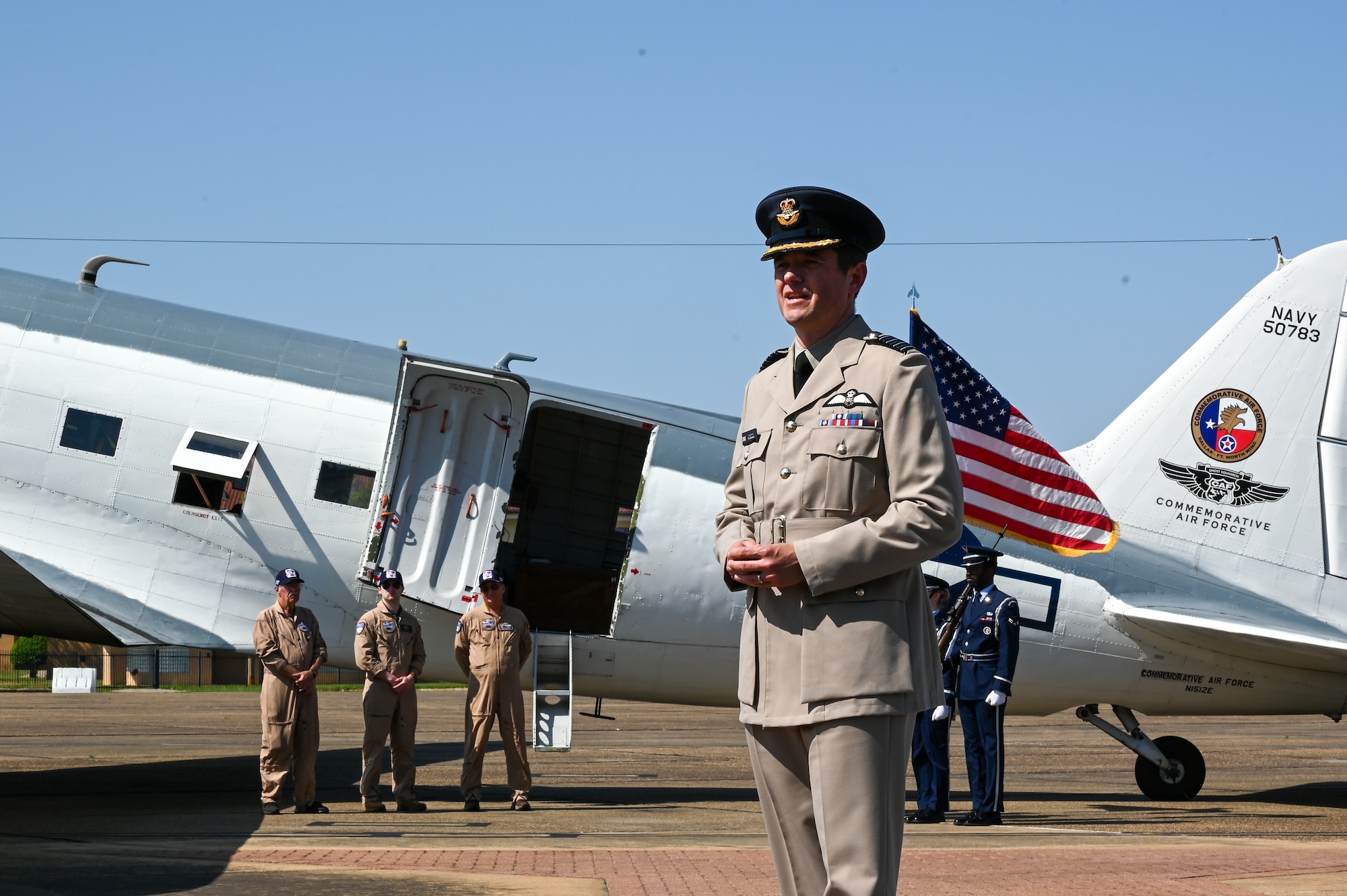 Royal Air Force Group Capt. Tim Brookes, Air War College, speaks during a ceremony at Maxwell Air Force Base, Alabama, April 17, 2025.