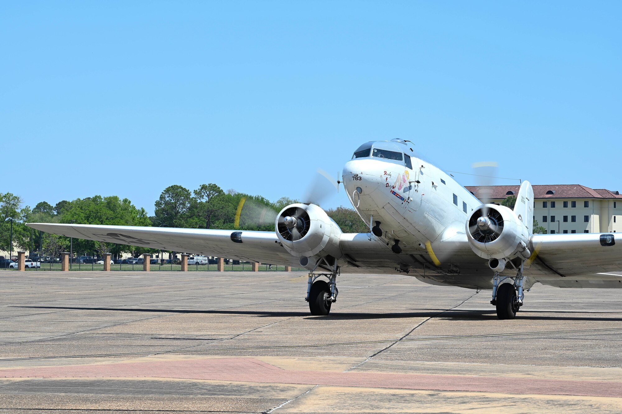 The Commemorative Air Force “Ready 4 Duty” Douglas R4D-6S, a historic U.S. Navy variant of the Douglas C-47 Skytrain, taxis on the flight line at Maxwell Air Force Base, Alabama, April 17, 2025.