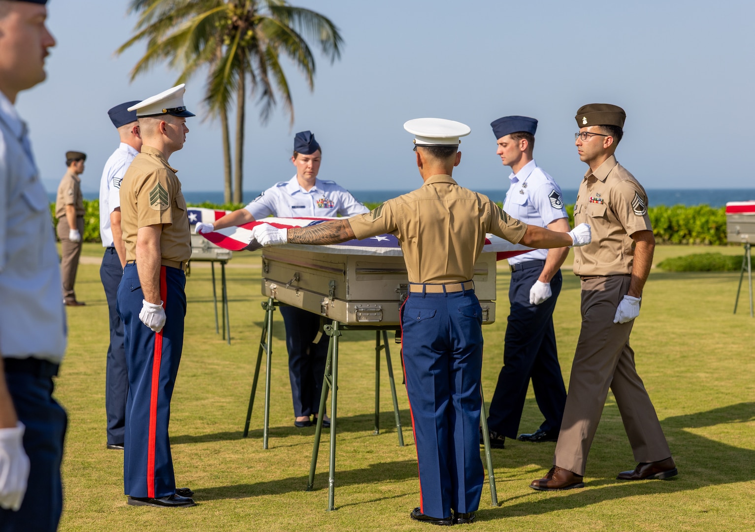Members of the Defense POW/MIA Accounting Agency repatriation team prepare to drape a flag during a repatriation ceremony in Vietnam, April 19, 2025.