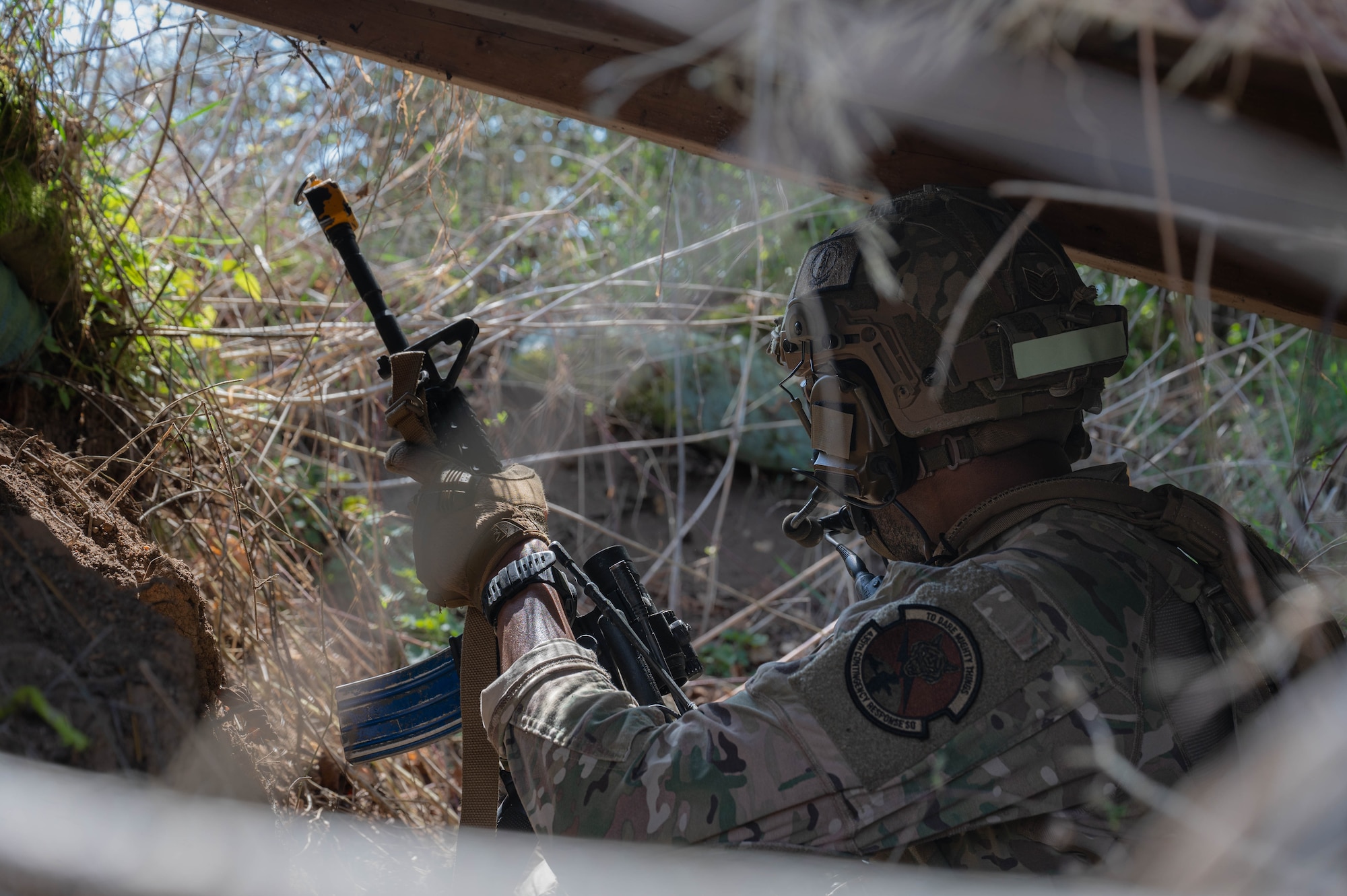A man holds a defensive position