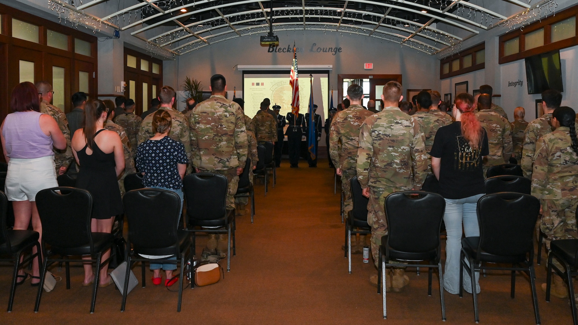 The McConnell Air Force Base honor guard presents the colors during the 350th Expeditionary Air Refueling Squadron’s Meritorious Unit Award ceremony at McConnell Air Force Base, Kansas, April 17, 2025. The unit earned the award for their role during the Iranian attack on Israel. (U.S. Air Force photo by Senior Airman Paige Weldon)