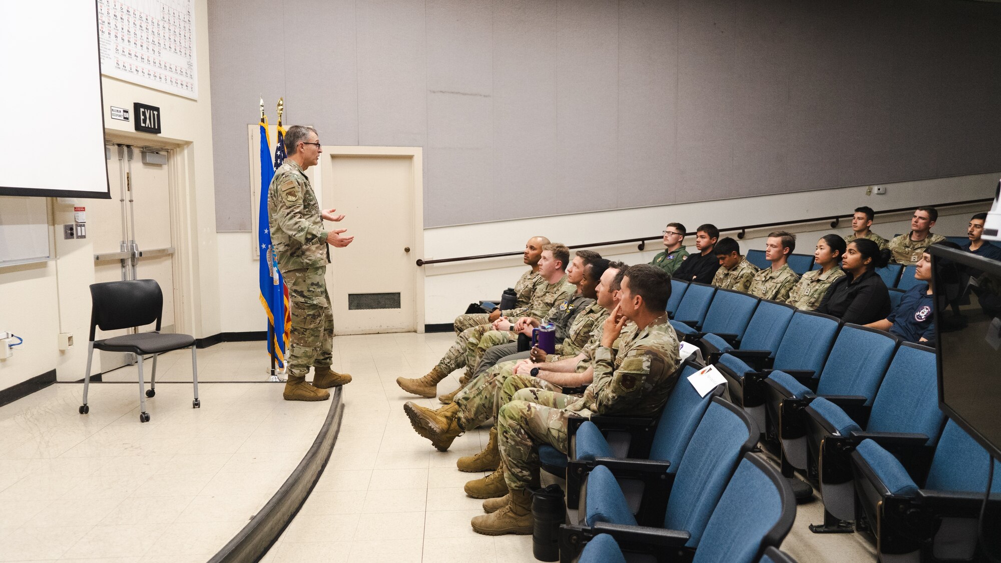 Maj. Gen. Scott A. Cain meets with AFROTC Det 035 cadets and cadre on April 10, 2025. The discussion included numerous talking points from Cain's personal leadership experiences to the importance of understanding deterrence efforts in place by the DoD.