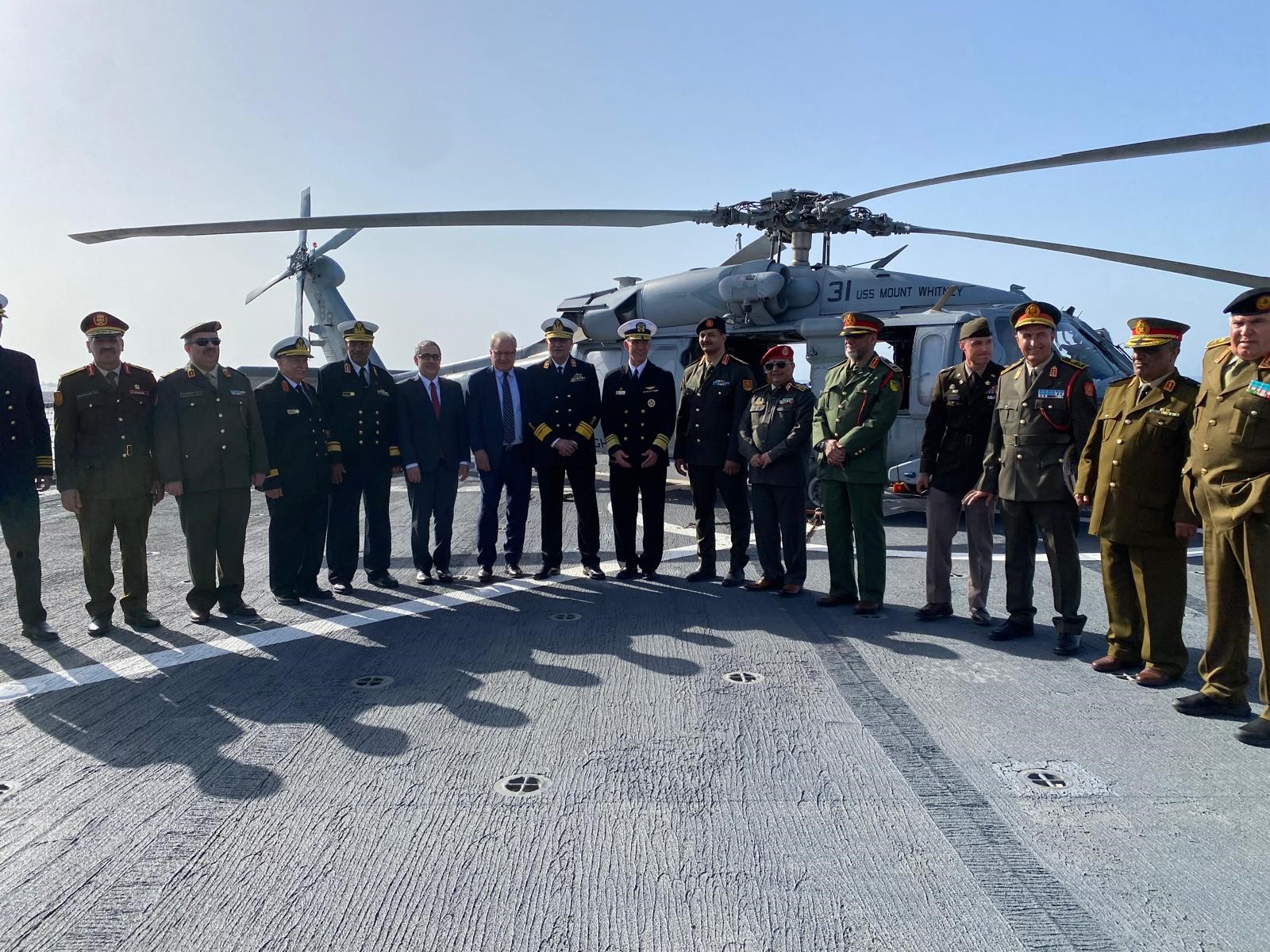 Vice Adm. J.T. Anderson, commander, U.S. 6th Fleet, greets key Libyan military and civilian officials before a key leadership engagement conference aboard the Blue Ridge-class command and control ship USS Mount Whitney (LCC 20) in Tripoli, Libya, April 20, 2025. Mount Whitney, is on a scheduled deployment in the U.S. 6th Fleet area of operations to support the warfighting effectiveness, lethality and readiness of U.S. Naval Forces Europe-Africa, and defend U.S., Allied and partner interests in the region. (Courtesy Photo)