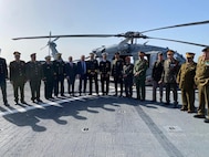 Vice Adm. J.T. Anderson, commander, U.S. Sixth Fleet, Ambassador Richard Norland, the U.S. special envoy for Libya, and Chargé d’Affaires Jeremy Berndt pose with key Libyan military and civilian officials during a key leadership engagement aboard the Blue Ridge-class command and control ship USS Mount Whitney (LCC 20) in Benghazi, Libya, April 21, 2025.