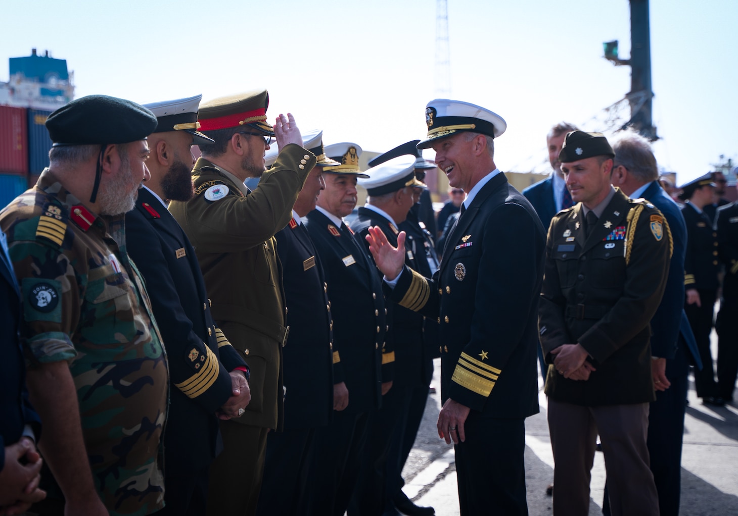 Vice Adm. J.T. Anderson, commander, U.S. 6th Fleet, greets key Libyan military and civilian officials before a key leadership engagement conference aboard the Blue Ridge-class command and control ship USS Mount Whitney (LCC 20) in Tripoli, Libya, April 20, 2025.