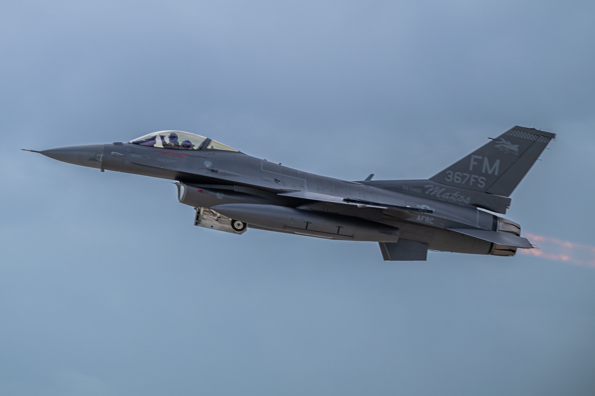 An F-16 Fighting Falcon assigned to the 367th Fighter Squadron takes off for its first flight bearing the “367FS” tail flash at Homestead Air Reserve Base, Fla., April 4, 2025. The aircraft returned after more than a year and a half at a maintenance depot and now features a new paint scheme reflecting the squadron’s identity. (U.S. Air Force photo by Master Sgt. Lionel Castellano)