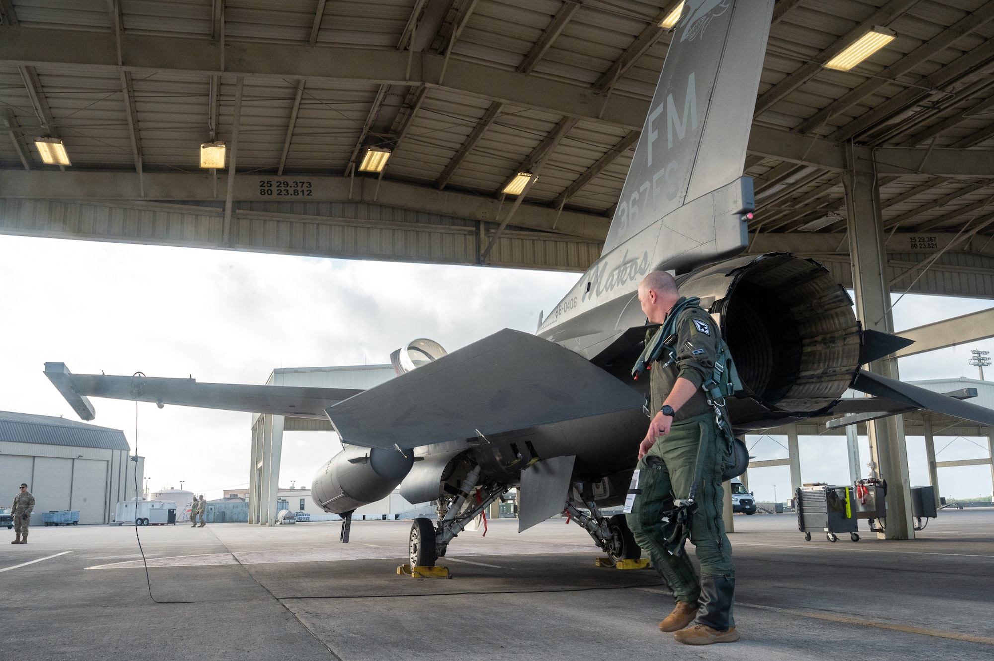 Lt. Col. Dysart Cleeton, 367th Fighter Squadron commander, prepares to fly the first F-16 Fighting Falcon bearing the “367FS” tail flash at Homestead Air Reserve Base, Fla., April 4, 2025. Cleeton piloted the inaugural flight, marking a milestone for the squadron’s presence at Homestead. (U.S. Air Force photo by Senior Airman Christopher Bermudez)