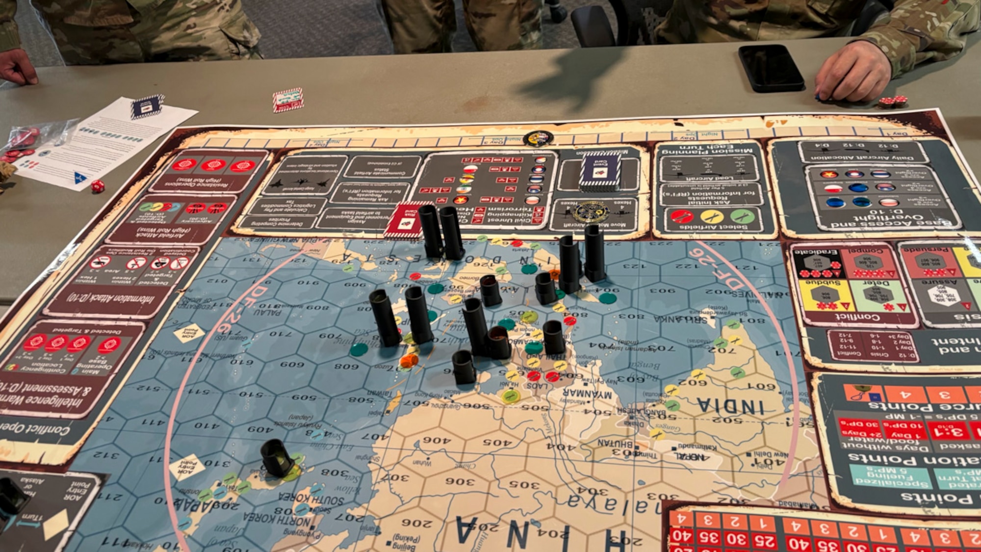 Airmen with the 49th Maintenance Group play Kingfish Ace wargame at Holloman Air Force Base, New Mexico, March 28, 2025. The Kingfish wargame simulates Agile Combat Employment concepts by assigning teams a main operating base with limited logistics, challenging them to overcome obstacles like restricted mobility airlift, shifting international agreements, and unpredictable operational risks. (Courtesy photo)