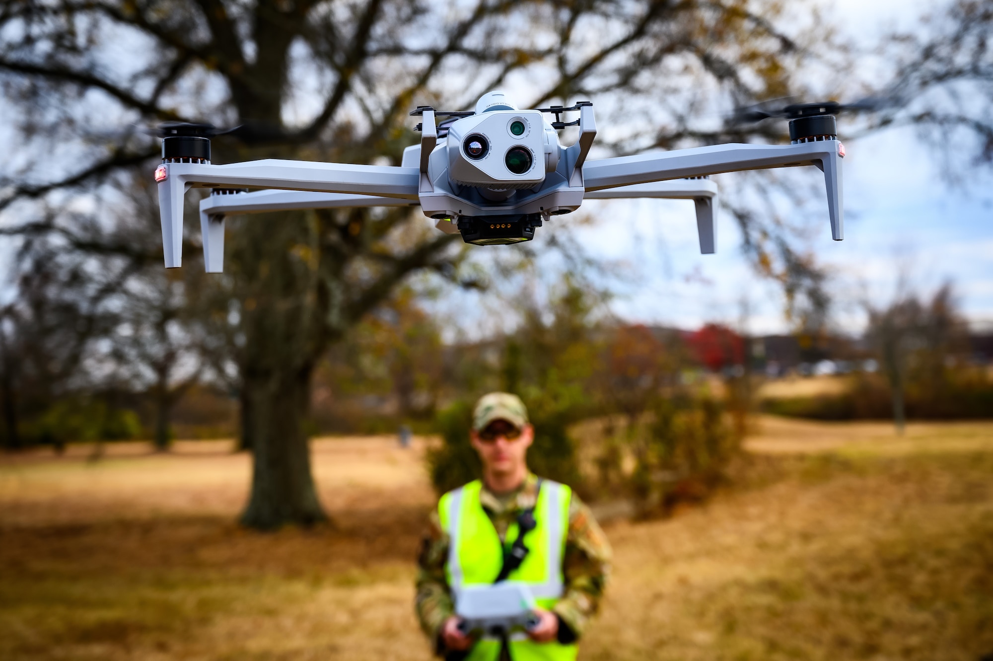 U.S. Air Force Tech. Sgt. Robert Gerry, 87th Civil Engineer Squadron fire protection specialist, pilots a small unmanned aircraft systems vehicle exercise at Joint Base-McGuire-Dix-Lakehurst, N.J., Nov. 20, 2024. The sUAS program at JB MDL is designed to equip every Airman with basic drone operational training, fostering a deeper understanding of the technology and its potential impact on modern warfare. (U.S. Air Force photo by Senior Airman Matt Porter)
