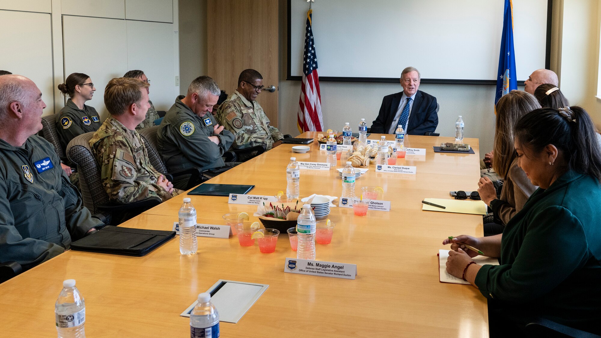 Illinois Sen. Dick Durbin speaks to Gen. Randall Reed, U.S. Transportation Command (USTC) commander, Brig. Gen. Corey Simmons, Air Mobility Command Strategy, Plans, Requirements and Programs director, and Col. Jeffrey Smith, 932nd Airlift Wing commander, during Durbin’s visit to the 932nd AW, Scott AFB, Illinois, April 14, 2025.  During his visit, Durbin was updated on 932nd AW distinguished visitor airlift missions, USTC mission and challenges facing USTRANSCOM and the USTC air component, Air Mobility Command.  (U.S. Air Force photo by Brooke Spenner)