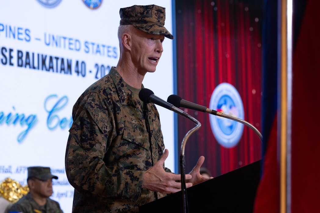U.S. Marine Corps Lt. Gen. James F. Glynn, U.S. Exercise Director and Marine Forces Pacific commanding general, speaks during the Exercise Balikatan 25 opening ceremony at Camp Aguinaldo, Manila, Philippines, April 21, 2025.