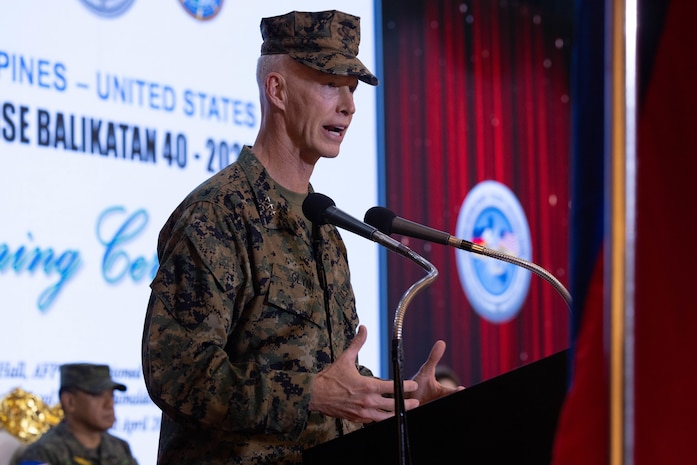 U.S. Marine Corps Lt. Gen. James F. Glynn, U.S. Exercise Director and Marine Forces Pacific commanding general, speaks during the Exercise Balikatan 25 opening ceremony at Camp Aguinaldo, Manila, Philippines, April 21, 2025.