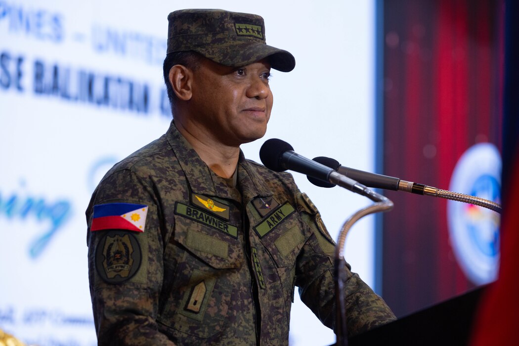 Armed Forces of the Philippines Gen. Romeo S. Brawner Jr., AFP Chief of Staff, speaks during the Exercise Balikatan 25 opening ceremony at Camp Aguinaldo, Manila, Philippines, April 21, 2025.