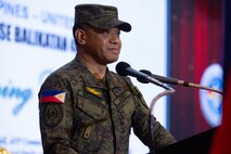 Armed Forces of the Philippines Gen. Romeo S. Brawner Jr., AFP Chief of Staff, speaks during the Exercise Balikatan 25 opening ceremony at Camp Aguinaldo, Manila, Philippines, April 21, 2025.