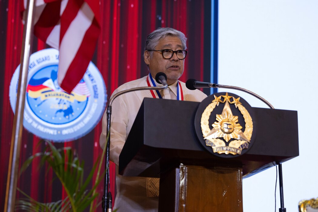 Enrique Manalo, Philippine Secretary of Foreign Affairs, speaks during the Exercise Balikatan 25 opening ceremony at Camp Aguinaldo, Manila, Philippines, April 21, 2025.