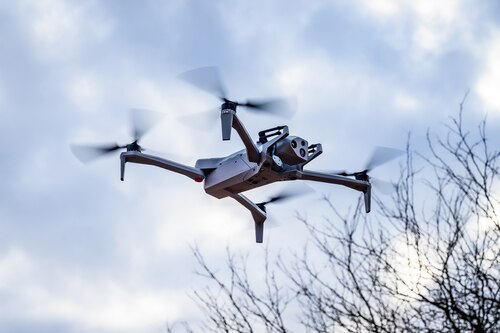 A Small Unmanned Aircraft Systems vehicle assigned to the 87th Civil Engineer Group, hovers midair at Joint Base-McGuire-Dix-Lakehurst, N.J., Nov. 20, 2024. The sUAS program at JB MDL is designed to equip every Airman with basic drone operational training, fostering a deeper understanding of the technology and its potential impact on modern warfare. (U.S. Air Force photo by Senior Airman Matt Porter)