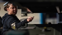 Senior Airman Alaysha Hooks, 23rd Bomber Generation Squadron weapons loader, operates equipment during Exercise Prairie Vigilance 25-1 at Minot Air Force Base, North Dakota, April 12, 2025. These exercises continually develop Airmen, improving their capabilities and increasing mission readiness for a more effective force. (U.S. Air Force photo by Senior Airman Kyle Wilson)