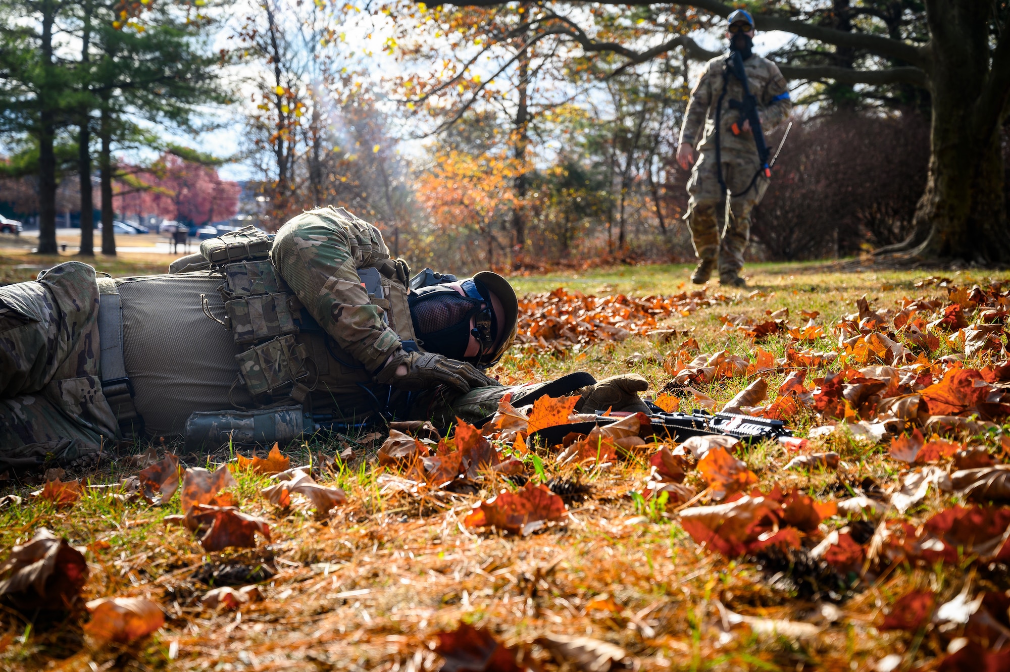 U.S. Air Force Tech. Sgt. Christopher Anderson, 787 Civil Engineer Squadron engineering section chief, and U.S. Air Force Tech. Sgt. John Norris, 108th Operations Group intelligence analyst, simulate a medical evacuation during small unmanned aircraft systems vehicle exercise at Joint Base-McGuire-Dix-Lakehurst, N.J., Nov. 20, 2024. The sUAS program at JB MDL is designed to equip every Airman with basic drone operational training, fostering a deeper understanding of the technology and its potential impact on modern warfare. (U.S. Air Force photo by Senior Airman Matt Porter)