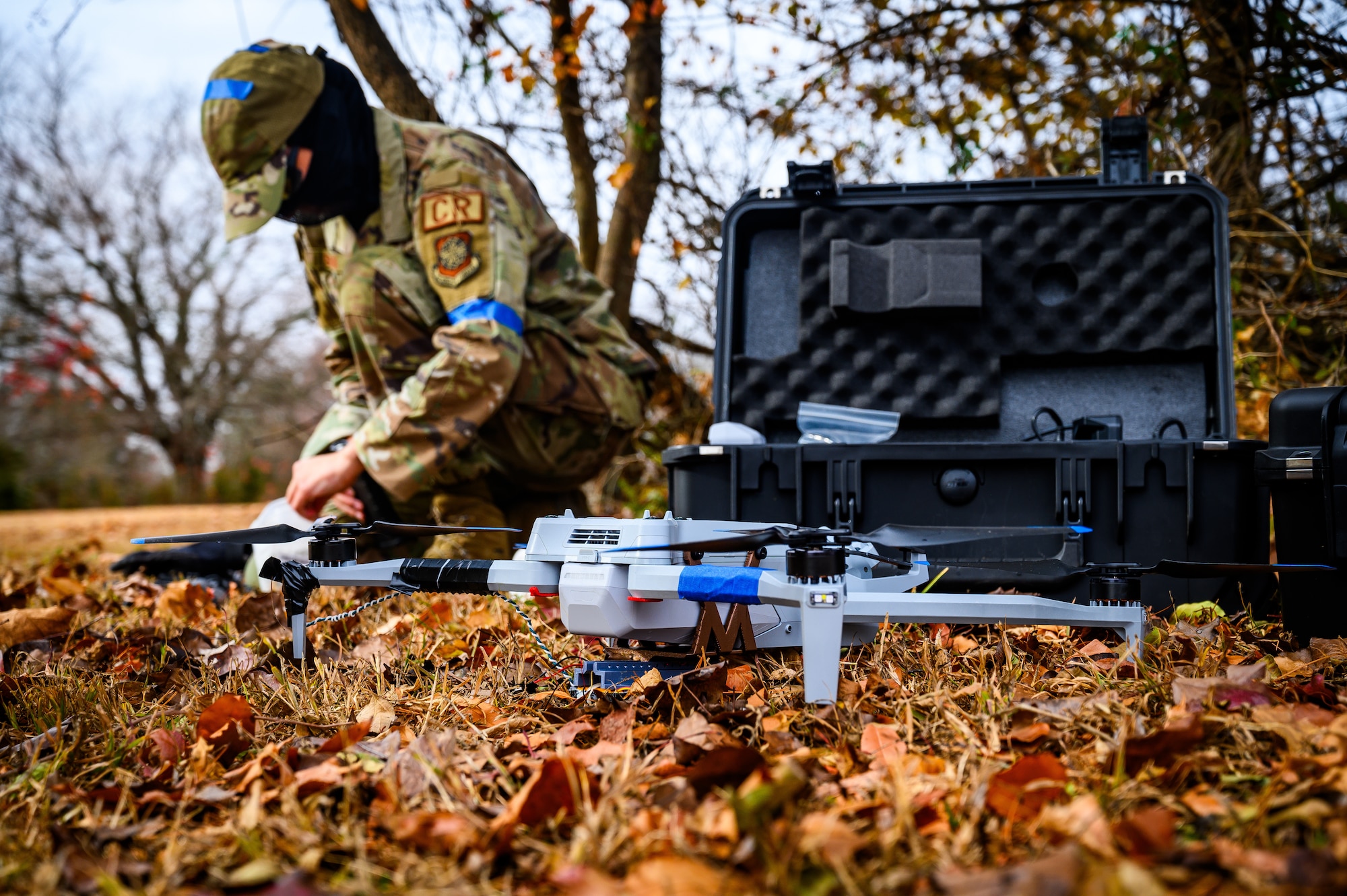 U.S. Air Force Staff Sgt. Dakota Brown, 621st Contingency Response Squadron security forces, prepares to launch a small unmanned aircraft systems vehicle at Joint Base-McGuire-Dix-Lakehurst, N.J., Nov. 20, 2024. The sUAS program at JB MDL is designed to equip every Airman with basic drone operational training, fostering a deeper understanding of the technology and its potential impact on modern warfare. (U.S. Air Force photo by Senior Airman Matt Porter)