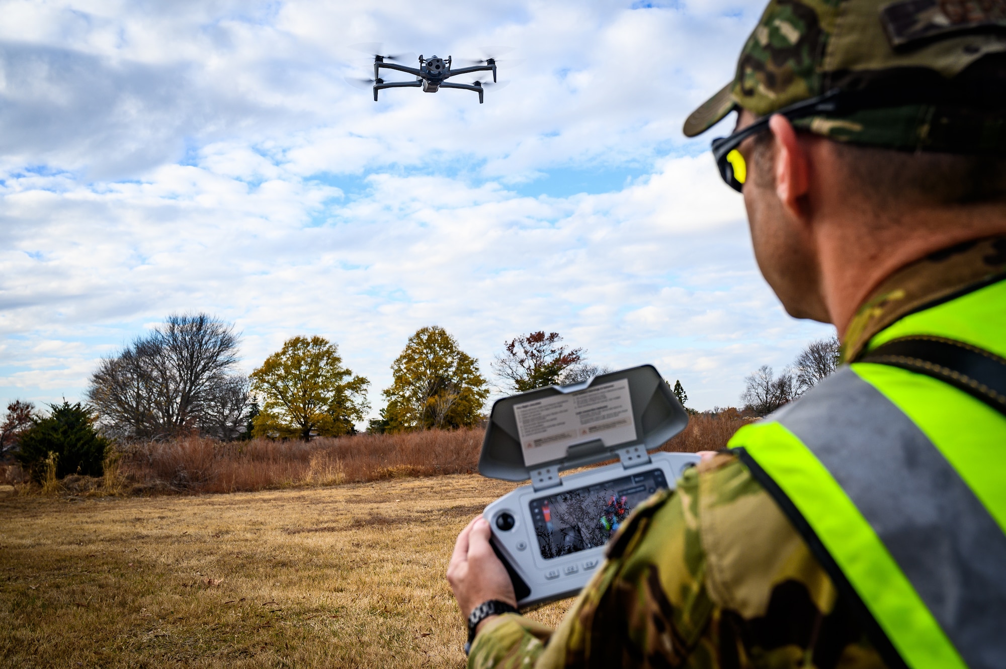 U.S. Air Force Tech. Sgt. Robert Gerry, 87th Civil Engineer Squadron fire protection specialist, pilots a small unmanned aircraft systems vehicle exercise at Joint Base-McGuire-Dix-Lakehurst, N.J., Nov. 20, 2024. The sUAS program at JB MDL is designed to equip every Airman with basic drone operational training, fostering a deeper understanding of the technology and its potential impact on modern warfare. (U.S. Air Force photo by Senior Airman Matt Porter)