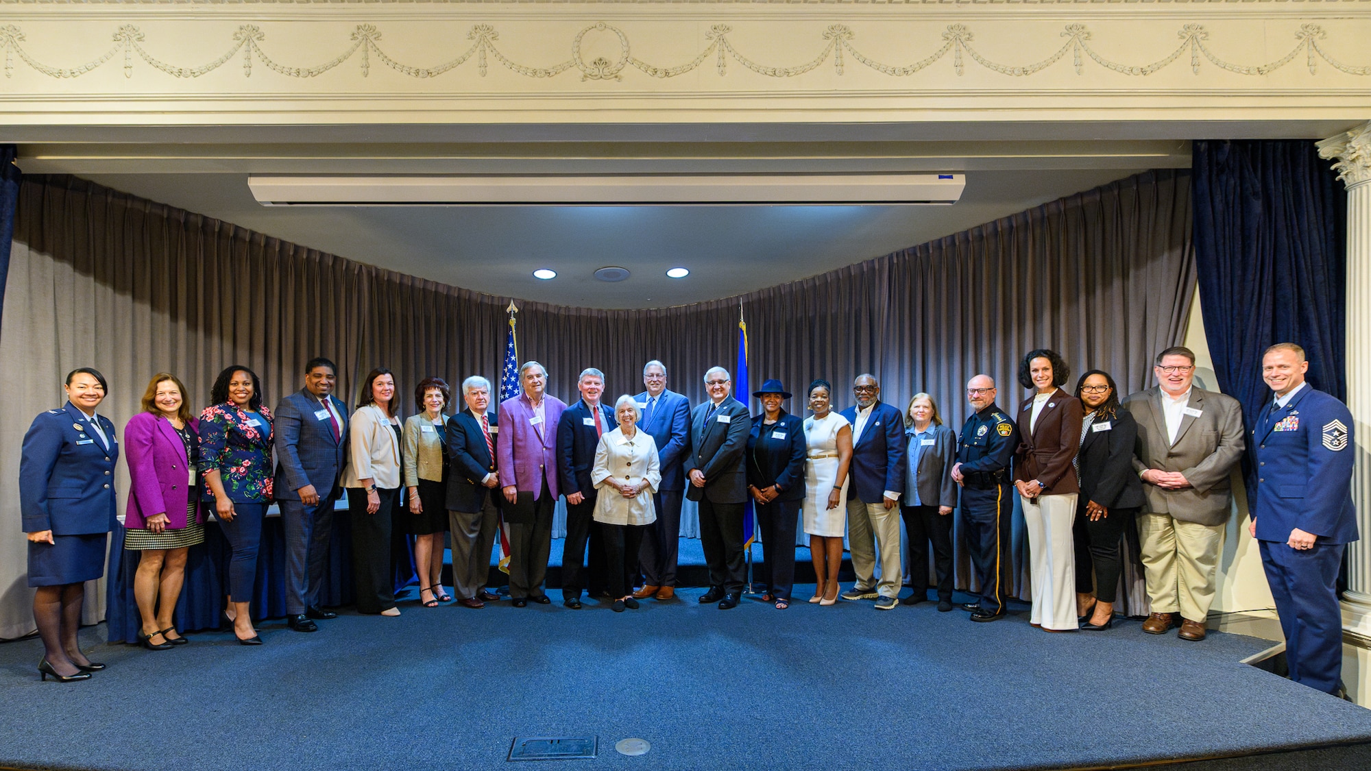 42nd Air Base Wing Honorary Commanders and Emeritus Honorary Commanders are recognized for their contributions to the 42nd ABW at Maxwell Air Force Base, Alabama April 21, 2025 during the installation’s inaugural State of the Base address. The Honorary Commanders’ program pairs civilian leaders with commanders on the base to encourage mutual understanding, collaboration, and increase civic-military engagement across the community. (U.S. Air Force photo by Damien Thomas)