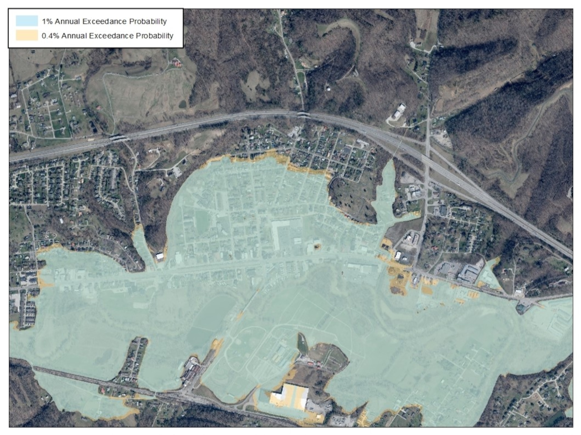 Existing 1% and 0.4% AEP (or 100-year and 250-year) Mud River floodplains