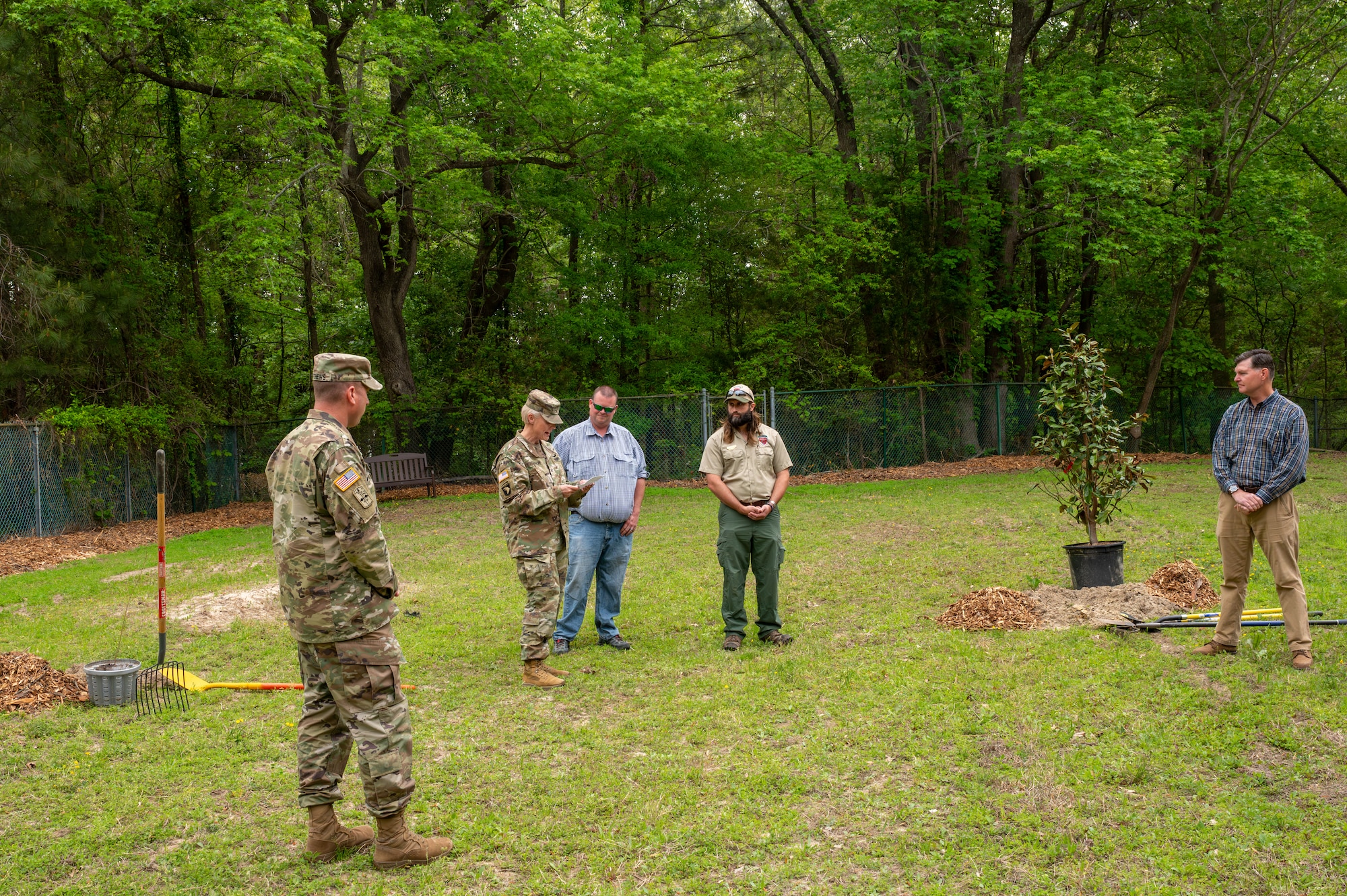Col. Laura Hutchinson recites the Arbor Day Proclamation at Joint Base Langley-Eustis