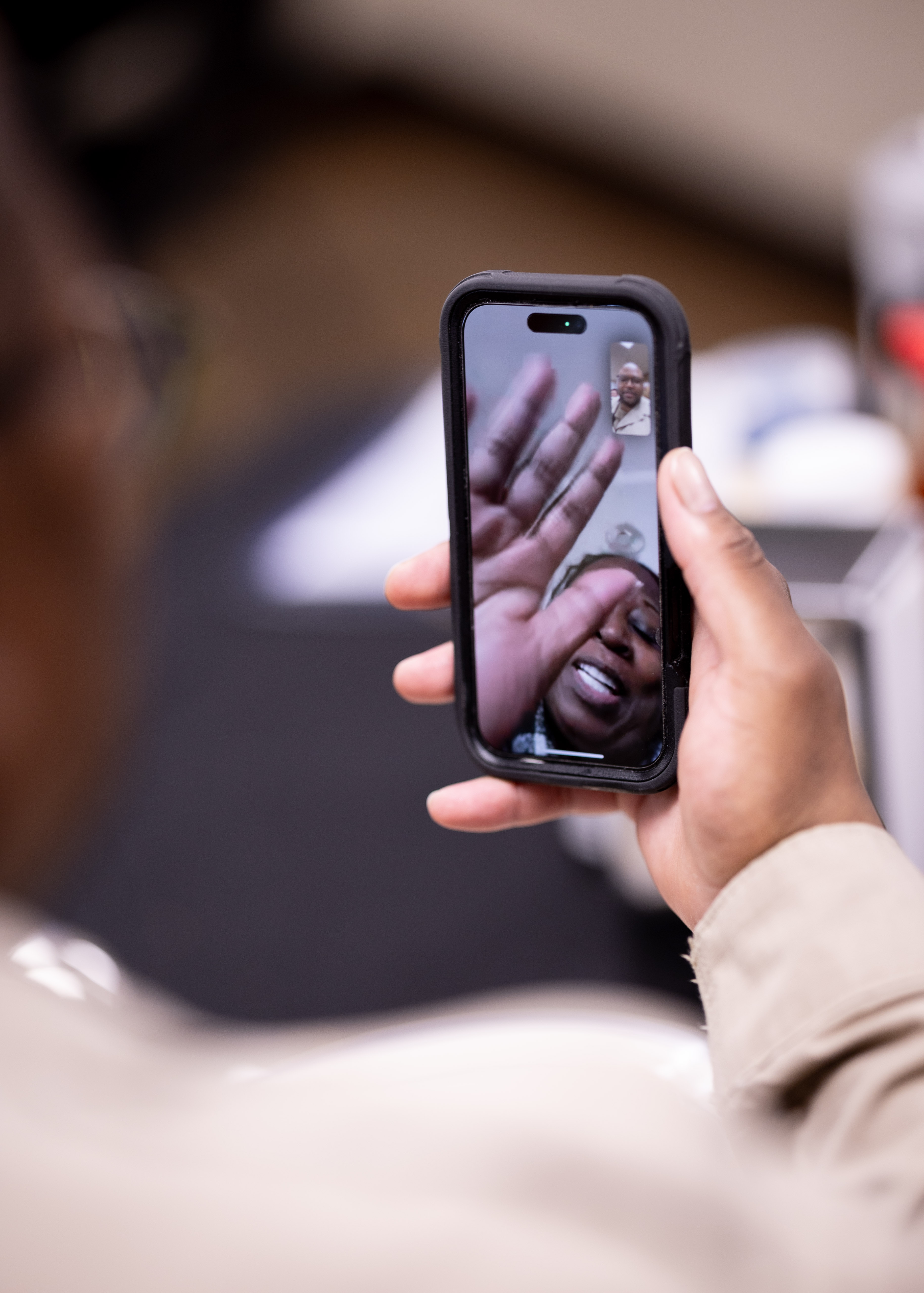 Joseph Redwood, Cargo Mate, USNS Joshua Humphreys (T-AO 188), video chats with family from his phone thanks to the Starshield system installed aboard the ship, which provides 5G connectivity, April 16, 2025.