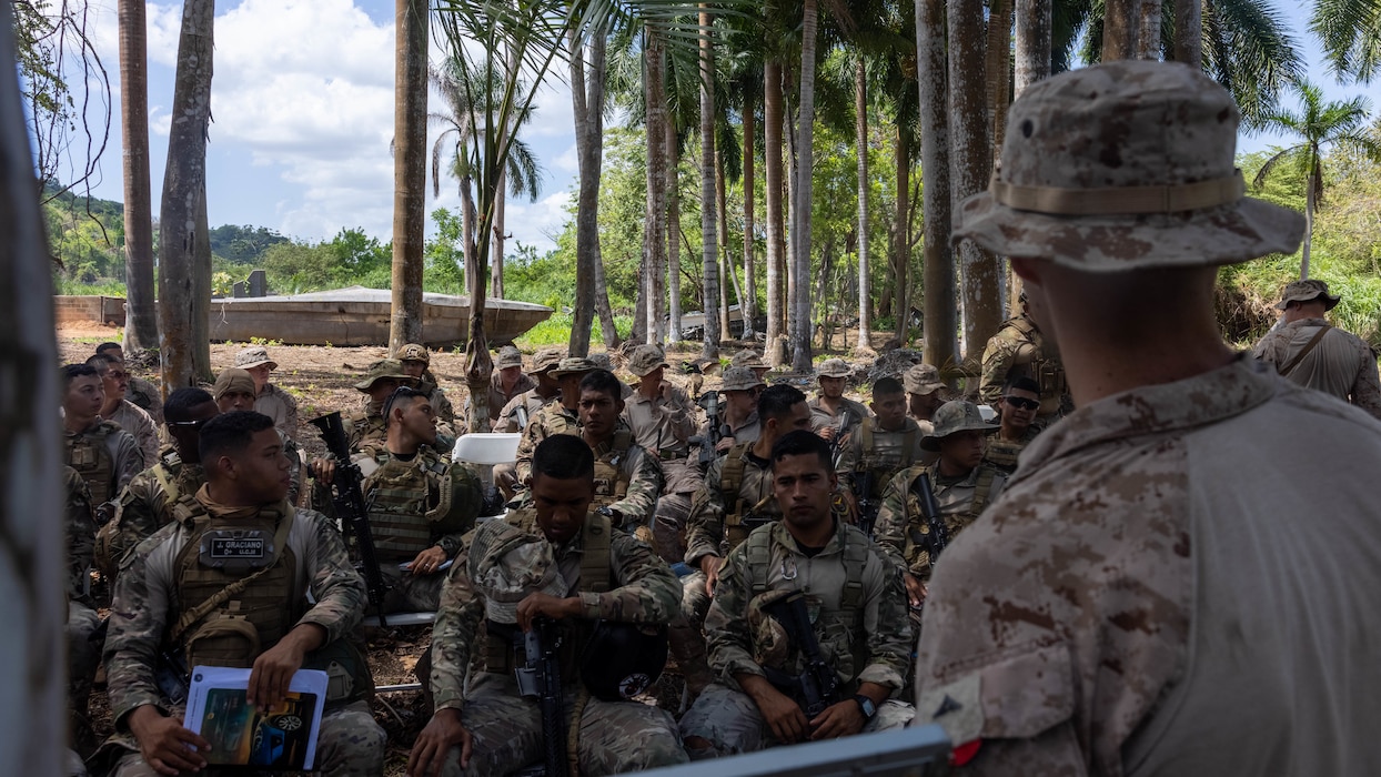 Panamanian security forces are taught a class on movement formations by U.S. Marines with 1st Battalion, 8th Marines, 6th Regiment, 2d Marine Division in Rodman, Panama, April 16, 2025. U.S. Southern Command is focused on increasing partner nation capacity and interoperability in the region and reflects the United States’ enduring promise of friendship, partnership, and solidarity with the Panamanian people. (U.S. Marine Corps photo by Lance Cpl. Francis Hrosar)