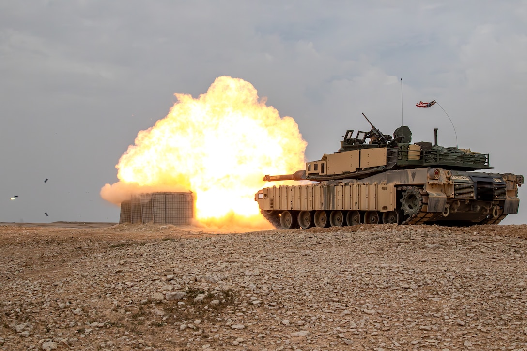 A U.S. Army M1A2 Abrams tank assigned to Troop G, 2nd Squadron, 278th Armored Cavalry Regiment, Task Force Reaper fires its main cannon during the Friendship 25 exercise in the U.S. Central Command’s area of responsibility, Feb. 12, 2025. Exercises like Friendship 25 develop U.S. and Royal Saudi Land Forces service members and enable increased military capacity to address threats to regional security. (U.S. Army Photo by Sgt. 1st Class Aaron Edwards)